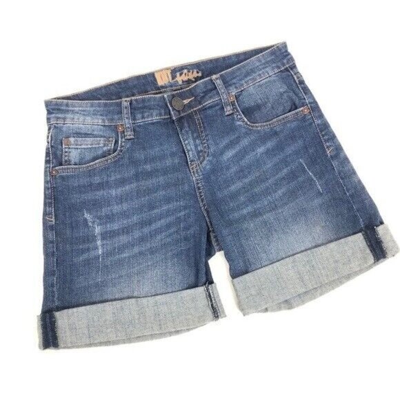 KUT From The Kloth Rolled Hem Jean Shorts Distressed Denim Blue 4 Medium Wash - Picture 1 of 6
